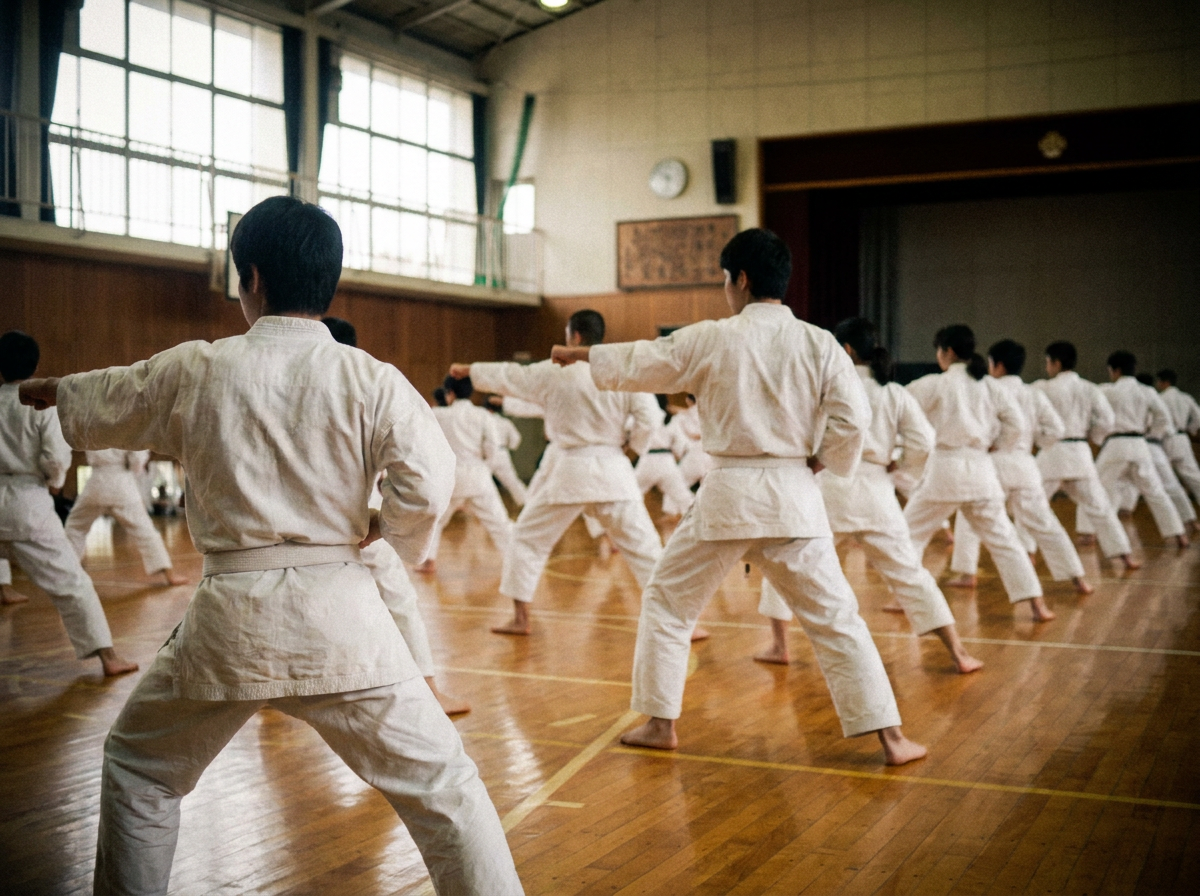 Karate practice in rows