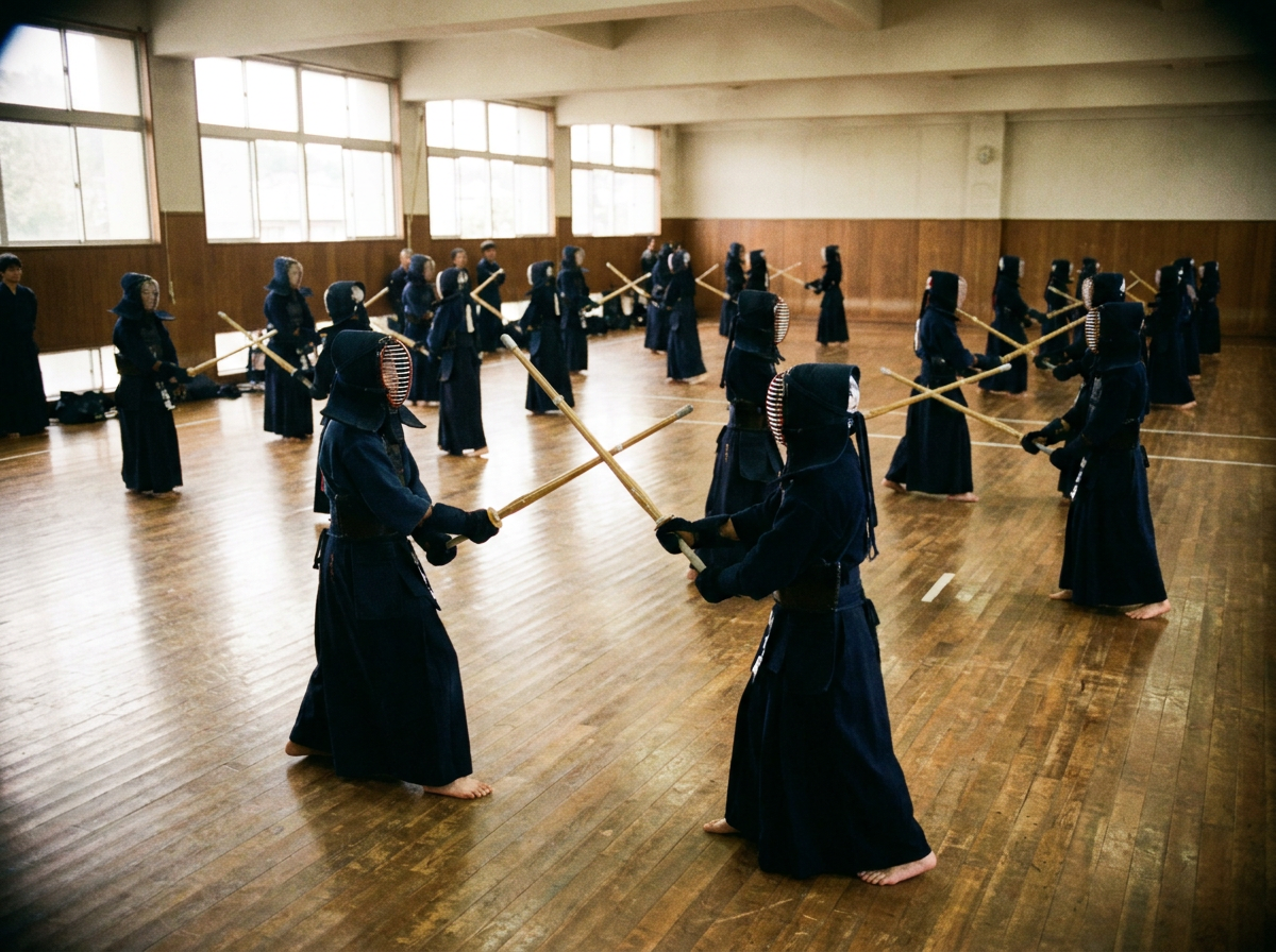 Kendo practice in a school dojo