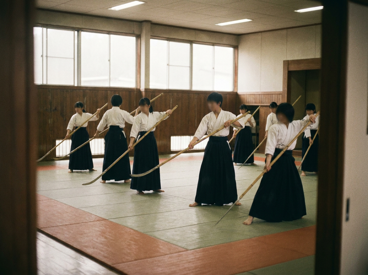 Naginata practice in a dojo