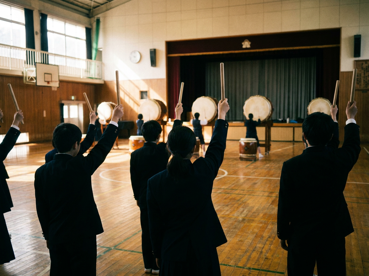 Taiko drums in a school hall