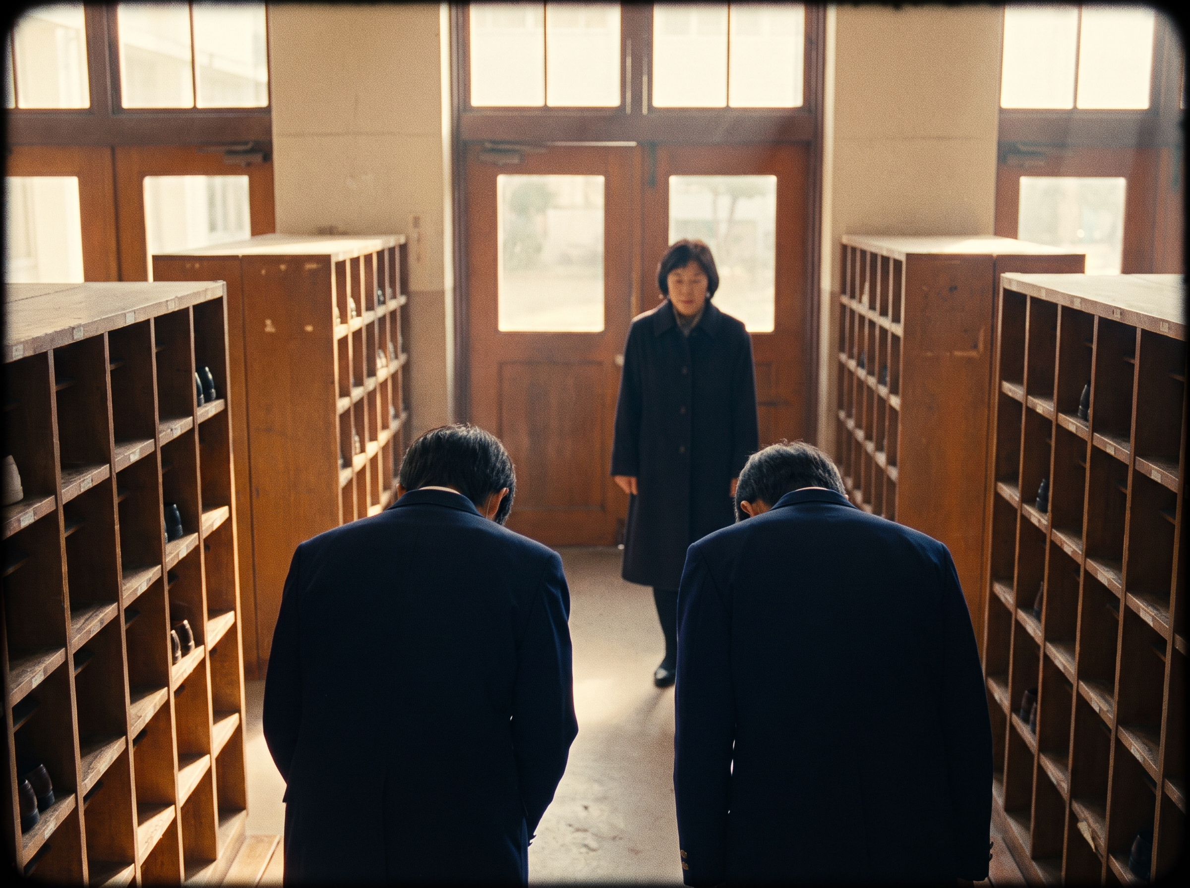 Students greeting a teacher at the school entrance