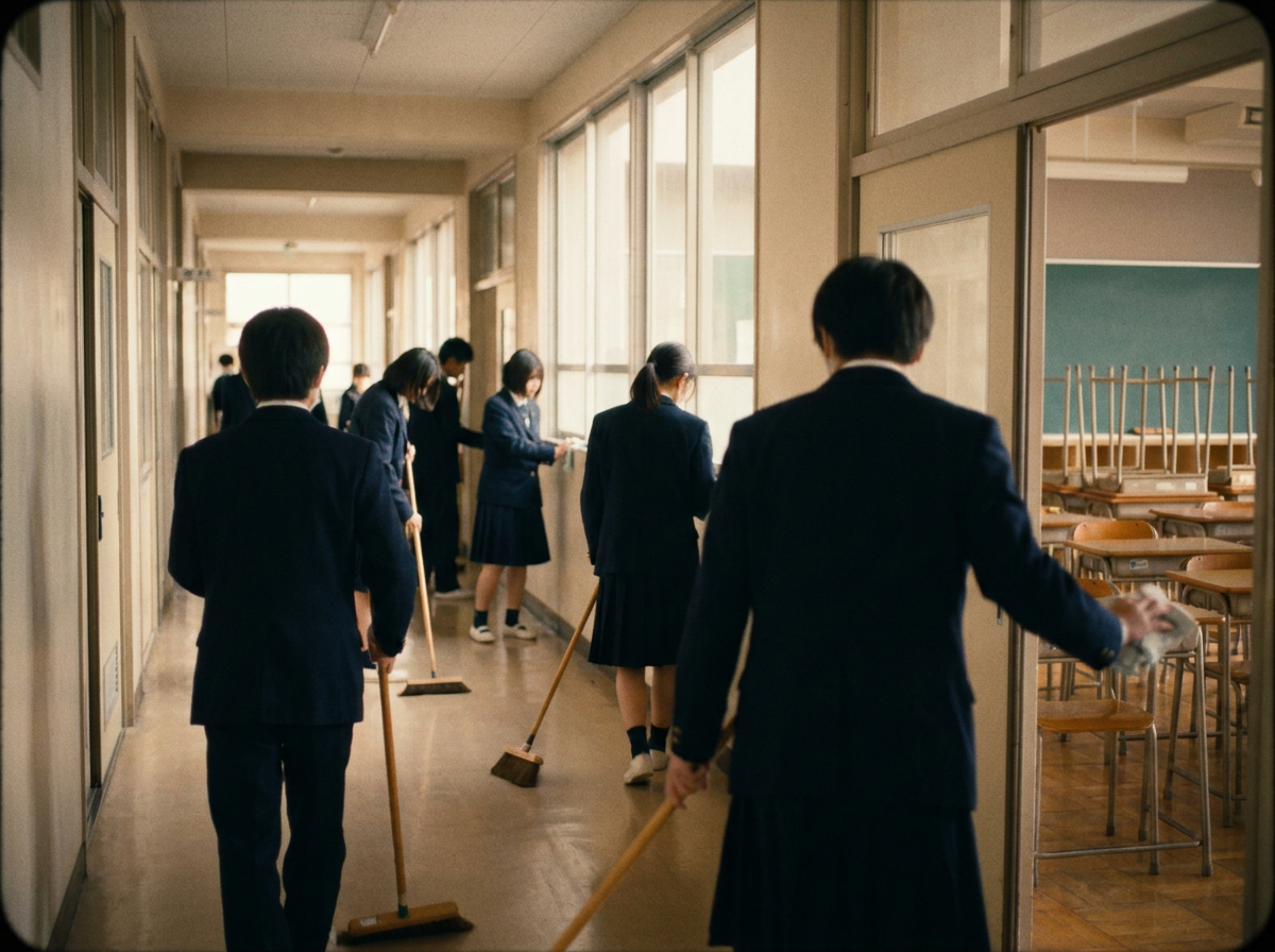 Students cleaning the classroom and corridor