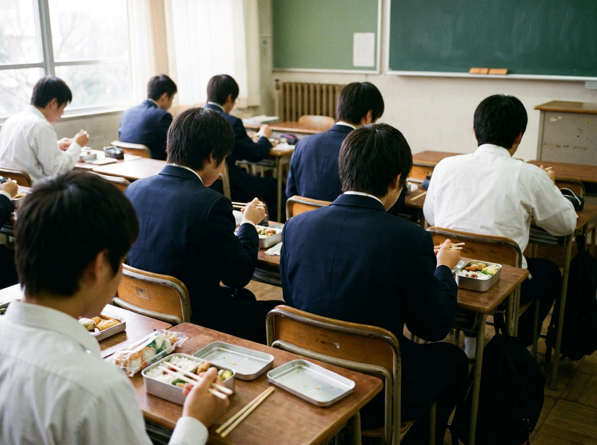 Students eating bento lunch at their desks