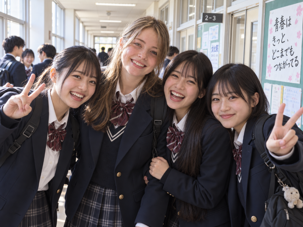An exchange student with Japanese classmates in a school hallway