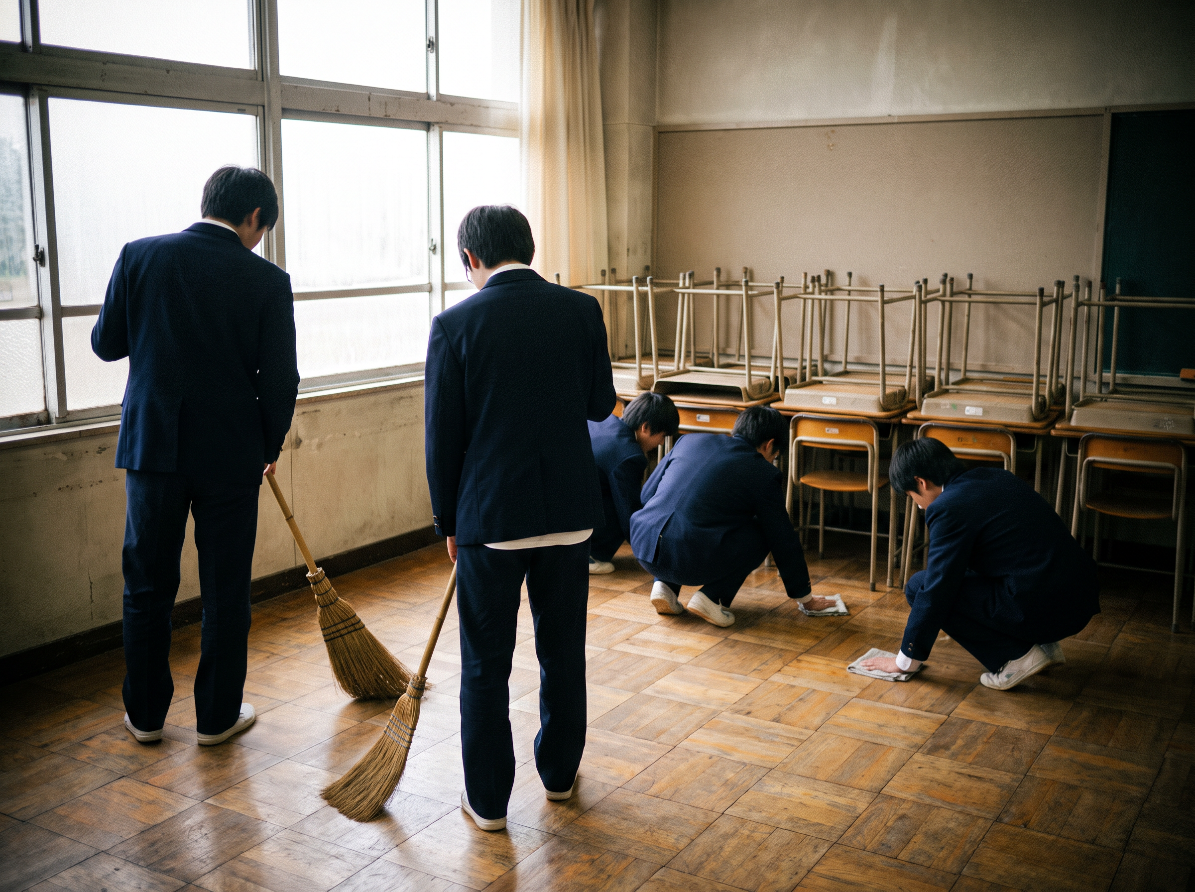 Students cleaning their classroom together