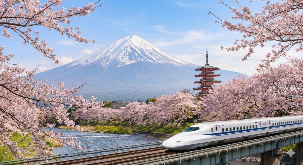 Mount Fuji with cherry blossoms and Shinkansen bullet train - Junior Study Tour in Japan