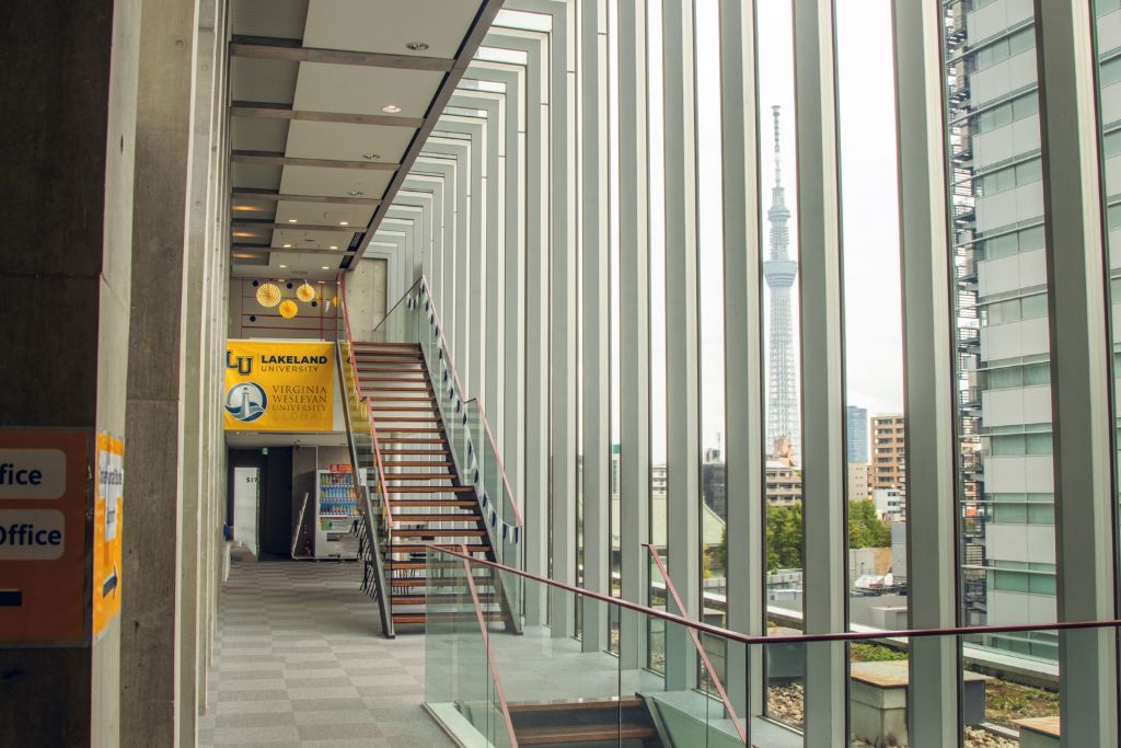 Lakeland campus interior with Tokyo Skytree view
