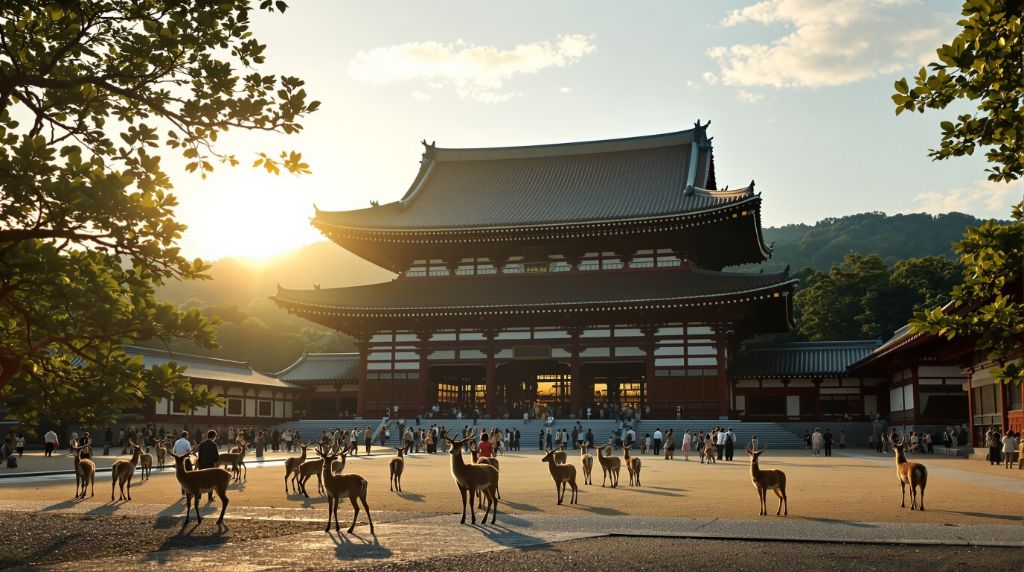 Nara Japan - Premium cinematic view of Todaiji Temple with deer in peaceful cultural setting