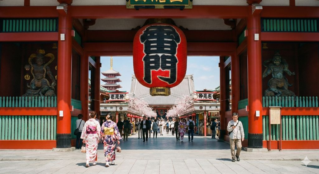 Senso-ji Temple in Asakusa - Traditional Japanese temple with red lantern and cherry blossoms