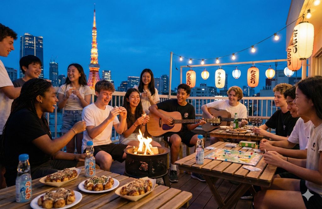 Social Evening - Students enjoying rooftop gathering with Tokyo Tower view
